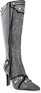 Женские ботинки Atuelang с камнями, блестящие, до колена, модные, с заостренным носком, на шпильке, короткие ботильоны, Black-Knee