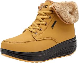 Женские кожаные зимние ботинки с круглым носком на шнуровке, платформой, удобные, противоскользящие, теплые для ходьбы, повседневные кроссовки и ботильоны CVGVJY, Yellow