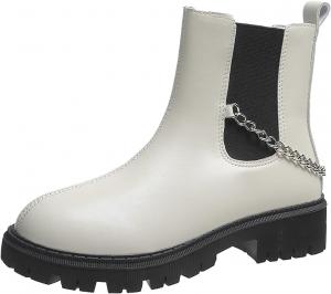 Женские ботинки на платформе Oiangi Chelsea с цепочкой, модные ботильоны с круглым носком, эластичные, на толстом каблуке, короткие, зимние, однотонные, удобные, повседневные, White