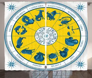 Штора ABAKUHAUS Астрология в деревенском стиле, обзор знаков зодиака, универсальная ленточная штора для гостиной с петлями и крючками, 280 x 245 см, желто-синий Abakuhaus