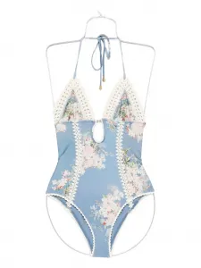 Купальник с каскадной вязкой крючком ZIMMERMANN, синий