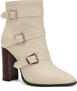 Женские ботинки на шнуровке Alyaafifa с высокими каблуками, закругленным носком и молнией, 4-дюймовый массивный каблук, замшевая кожа, элегантные короткие ботильоны для вечеринок и мероприятий, Beige - Buckle