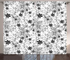Штора в деревенском стиле ABAKUHAUS с цветочным рисунком, листьями, завитками и бутоном штруделя, присборенная штора для спальни с петлями и крючками, 280 x 245 см, черно-белая Abakuhaus