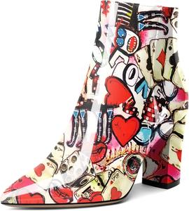 Женские ботильоны AUMOTED с высокой шнуровкой, массивным каблуком, заостренным носком, мехом, короткой моделью на молнии, классические ботинки на каблуке 3,4 дюйма, Patent Multi Color