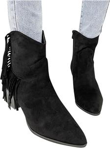 Женские ботильоны ZBYY с замшевой верхней частью, толстым массивным каблуком, боковой молнией, заостренным носком, низким каблуком в западном стиле, Black