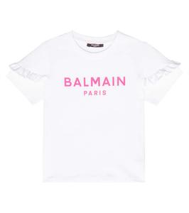 Футболка из хлопка с рюшами и логотипом Balmain Kids, 100fu-Bianco/Fuxia
