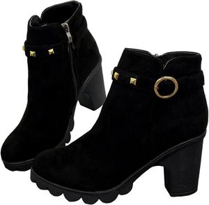 Женские замшевые ботильоны на высоком каблуке с боковой застежкой-молнией, ремешком с пряжкой и заклепками, праздничные туфли для свадьбы Kldyj, Black