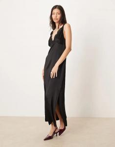 Платье миди из атласа ASOS DESIGN с V-образным вырезом и кружевом, черное