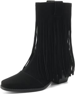 Женские ботинки DINTAHA с бахромой, замшевые ботильоны на высоком толстом каблуке с кисточками, Black