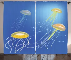 Штора ABAKUHAUS Медузы в деревенском стиле, абстрактный парящий сюжет, присборенная тесьма для спальни с петлями и крючками, 280 x 225 см, цвет: лазурно-голубой, горчичный Abakuhaus