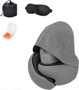 Подушка из пены с эффектом памяти, подушка с капюшоном для поддержки шеи, дорожная подушка, подушка для сна, в комплекте сумка для хранения, маска для сна и беруши, портативная, серая MODFU