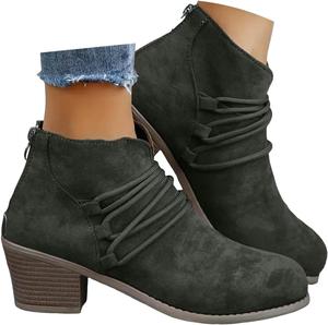 Винтажные женские ботинки, модные замшевые ботильоны на толстом каблуке, с круглым носком, вестерн-стиль, с задней молнией, зимне-осенние, короткие для езды Generic, Green