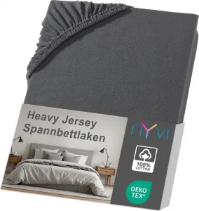 Простыня на резинке DreamScience Heavy Jersey 180x200 - 200x200 см антрацитового цвета для накладок высотой до 10 см - Простыня на резинке, стабильная по размеру, 160 г/м², эластичная по всему периметру, не требует глажки NYVI