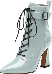 Женские ботильоны на шнуровке с острым носком и высоким каблуком, с боковой молнией, модные однотонные короткие ботинки для женщин RLYGHWAO, Grey Patent