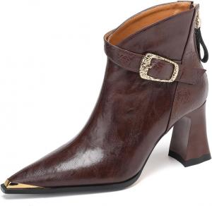 Женские ботильоны TinaCus на высоком массивном каблуке с застежкой-молнией, пряжкой, заостренным носком и тиснением из натуральной кожи, Brown