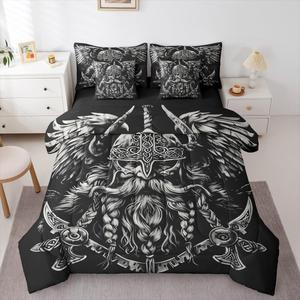 Erosebridal Комплект постельного белья Ancient Viking King в этническом нордическом стиле с готическим принтом, White & Black