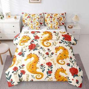 Erosebridal Детский комплект постельного белья Seahorse с морскими животными, желтый, с мультяшными океанскими персонажами, романтичными розами и зелеными листьями, Orange Red