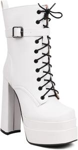 Женские ботильоны на высокой платформе с двойным слоем, квадратным носком и высокими каблуками, средние по голени, в стиле милитари JMdfcqer, White
