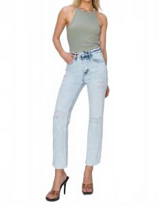 Высокие потертые джинсы скинни прямого кроя в кислотно-светлом оттенке RISEN, Acid Light Wash