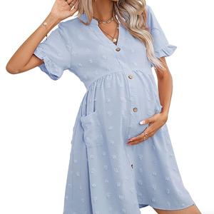 Женское платье для беременных с V-образным вырезом, короткими рукавами-фонариками, застежкой на пуговицах и карманами Clearflower, Light Blue