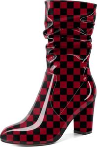 Женские ботильоны Zamikoo с свободным силуэтом, толстым каблуком и круглым носком, с молнией сбоку, модные обувь без застежки, короткие ботильоны, удобные нарядные ботинки, каблук 3,5 дюйма, Checkered Red