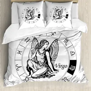 Пододеяльник ABAKUHAUS Дева, элементы зодиака, защита от клещей, подходит для аллергиков, с наволочками, 155 см x 220 см - 80 x 80 см, черно-белый Abakuhaus