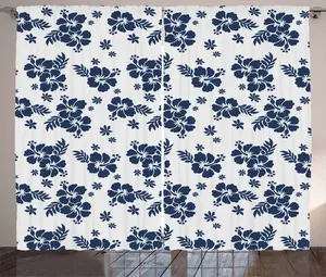 Штора ABAKUHAUS Hawaii Rustic, монохромный цветочный рисунок, универсальная ленточная штора для гостиной с петлями и крючками, 280 x 225 см, темно-синий с белым Abakuhaus
