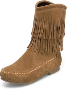 Женские замшевые сапоги средней длины с бахромой, модные ретро, повседневные зимние сапоги на низком каблуке, с закругленным носком, классические с бахромой ковбойские ботильоны на плоской подошве CSRZPMG, Yellow Mid Calf Boots