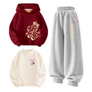 Детская повседневная спортивная толстовка с капюшоном утепленная Disney, [thickened and fleece-lined three-piece set]di zhu fu ma_right bottom бордовый+di zhu fu ma k серый+gt di tiao yan k milk белый