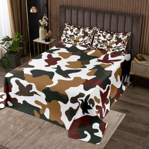 Erosebridal Комплект постельного белья Hunter Camo Duck Camouflage Farmhouse Quilted Coverlet Vintage Army Green Yellow Wild Animal Rustic, Green Brown White