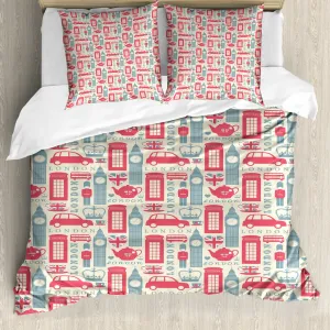 Пододеяльник ABAKUHAUS London, популярная британская культура, защита от клещей, подходит для аллергиков, с наволочками, 200 см x 200 см - 80 x 80 см, темно-коралловый, сине-серый