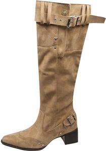 Женские замшевые сапоги до колена осень-зима с массивным низким каблуком, широкие голенища, ремешок с пряжкой, заостренный носок, сексуальные высокие обувь Generic, Khaki