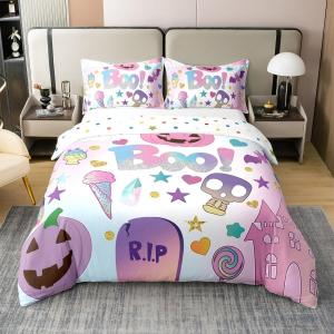 Erosebridal Комплект постельного белья Happy Halloween с тематическим принтом тыкв, привидений и пауков для детей, Light Purple