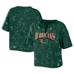 Женская футболка Erin Andrews Green Miami Hurricanes Bleach Wash Splatter Notch Neck