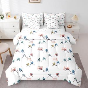 Erosebridal Комплект постельного белья Ice Hockey с принтом хоккейных шайб и игроков, спортивный дизайн для молодежи, White Yellow Red Blue Green