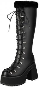 Женские готические сапоги выше колена на платформе и танкетке с шнуровкой, байкерские, из лакированной кожи, с круглым носком Generic, Black