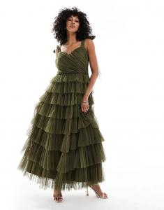 Платье макси из тюля с бантом на плече для подружки невесты, кружевом и бисером, лесного зеленого цвета