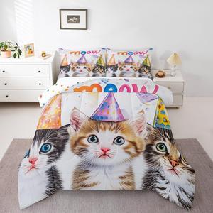 Erosebridal Комплект постельного белья Cat Kawaii Decor Full Down с мультяшными котятами, White Brown