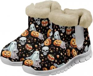 Женские зимние сапоги Jeiento для Хэллоуина с мягкой теплой подкладкой, повседневные рабочие ботильоны, снегоступы на липучке, уютные утолщенные зимние туфли для вечеринки на Хэллоуин, Halloween Ghost Skull Pumpkin Candy