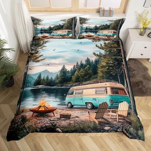 Erosebridal Комплект постельного белья Happy Camping в стиле рустик с деревенским принтом для детей и подростков, Blue Teal Green