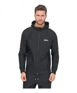 Толстовка с капюшоном, застежкой-молнией, полосками и логотипом. Hugo, черный