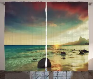 Штора ABAKUHAUS Рустикальное море, Драматический восход солнца, Тропический, присборенная штора из тесьмы для спальни с петлями и крючками, 280 x 245 см, кремово-голубой Abakuhaus