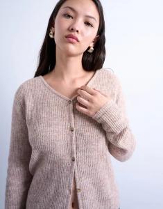 Вязаный кардиган Topshop с V-образным вырезом в рубчик, цвет «камень»