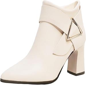 Женские ботильоны из лакированной кожи с боковой молнией, заостренным носом, массивным каблуком, однотонные элегантные ботинки с металлическим декором Generic, White
