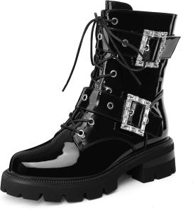 Женские кожаные ботинки на платформе с рифленой подошвой, невысоким массивным каблуком, шнуровкой, пряжками и молнией, модные ботильоны Perisis, Black Patent