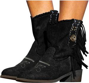 Женские повседневные ботинки Bcshiye на щиколотке с плоским зимним грубым каблуком, бахромой, вестерн-стиль, зауженный носок, ботинки для езды на лошади, Black