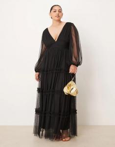 Платье макси с кружевом и бисером в стиле бохо, черное