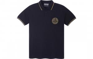 VERSACE JEANS COUTURE SS23 Мужская поло с коротким рукавом с принтом в виде буквенного логотипа и полосатой отделкой Black