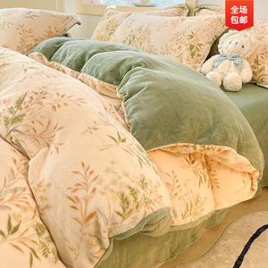 Jie Liya Комплект постельного белья 1.5м, 4 предмета, для матраса 200x230 см, высокоплотный молочный вельвет, двойная теплота, цвет сянцао