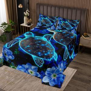Erosebridal Стеганый комплект постельного белья с морскими черепахами и синими цветами в морской тематике, Multi 17